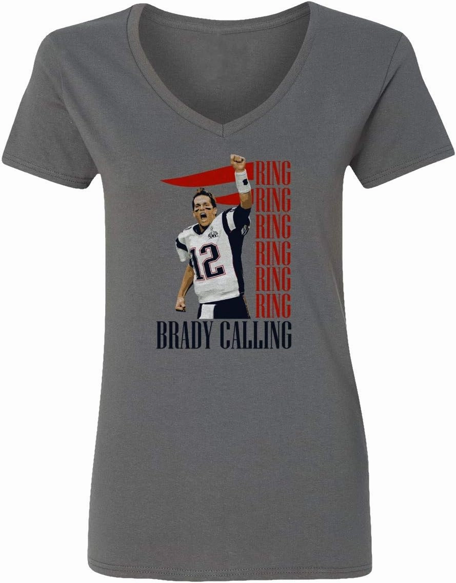 New England Fans Brady SB 6 Rings Goat Womens Vneck T-Shirt (Gray, Medium)