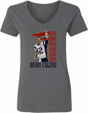 New England Fans Brady SB 6 Rings Goat Womens Vneck T-Shirt (Gray, Medium)