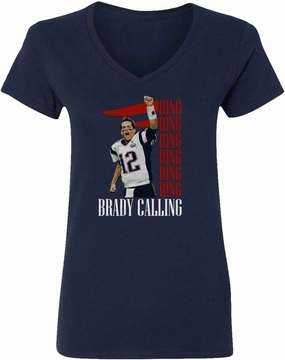 New England Fans Brady SB 6 Rings Goat Womens Vneck T-Shirt (Navy, Large)