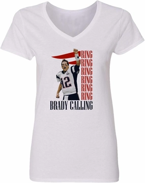 New England Fans Brady SB 6 Rings Goat Womens Vneck T-Shirt (White, Medium)