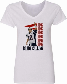 New England Fans Brady SB 6 Rings Goat Womens Vneck T-Shirt (White, Small)