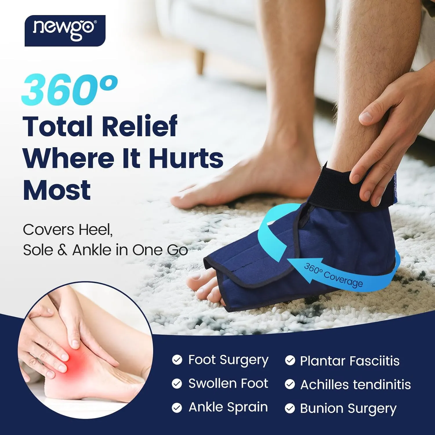 NEWGO Ice Packs Foot Surgery Reusable, Ankle Ice Pack Iced Foot Wrap for Achilles Tendon, Bunion Surgery for Ankle Heel Pain Relief - Blue