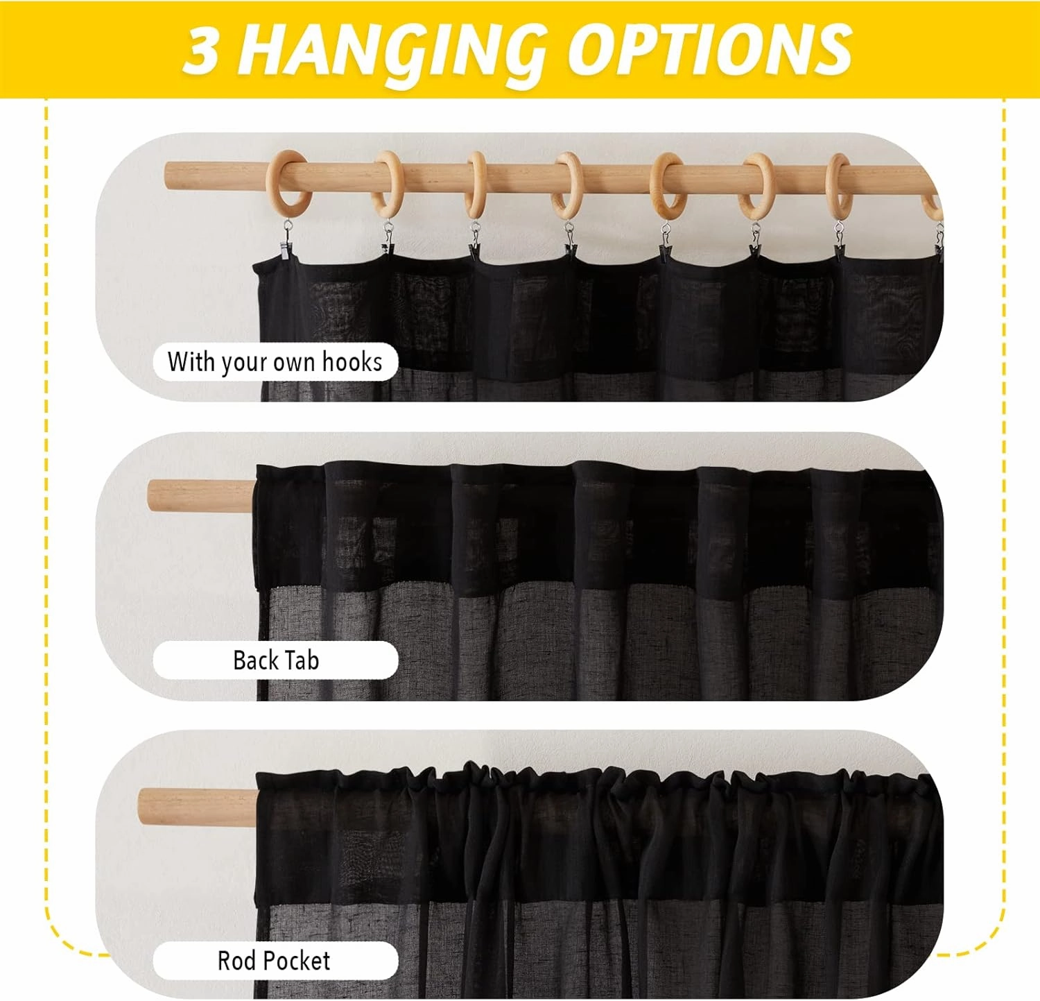 NICETOWN Black Curtains Semi Sheer Linen Texture, Rod Pocket & Back Tab Sheer Linen Blend Window Drapes Aesthetic Privacy with Light Through for Boys Bedroom/Living Room, W52 x L84, 2 Pieces