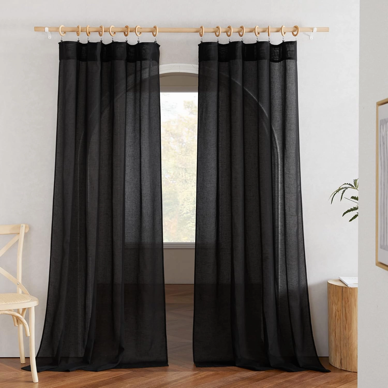 NICETOWN Black Curtains Semi Sheer Linen Texture, Rod Pocket & Back Tab Sheer Linen Blend Window Drapes Aesthetic Privacy with Light Through for Boys Bedroom/Living Room, W52 x L84, 2 Pieces