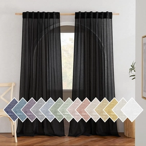 NICETOWN Black Curtains Semi Sheer Linen Texture, Rod Pocket & Back Tab Sheer Linen Blend Window Drapes Aesthetic Privacy with Light Through for Boys Bedroom/Living Room, W52 x L84, 2 Pieces