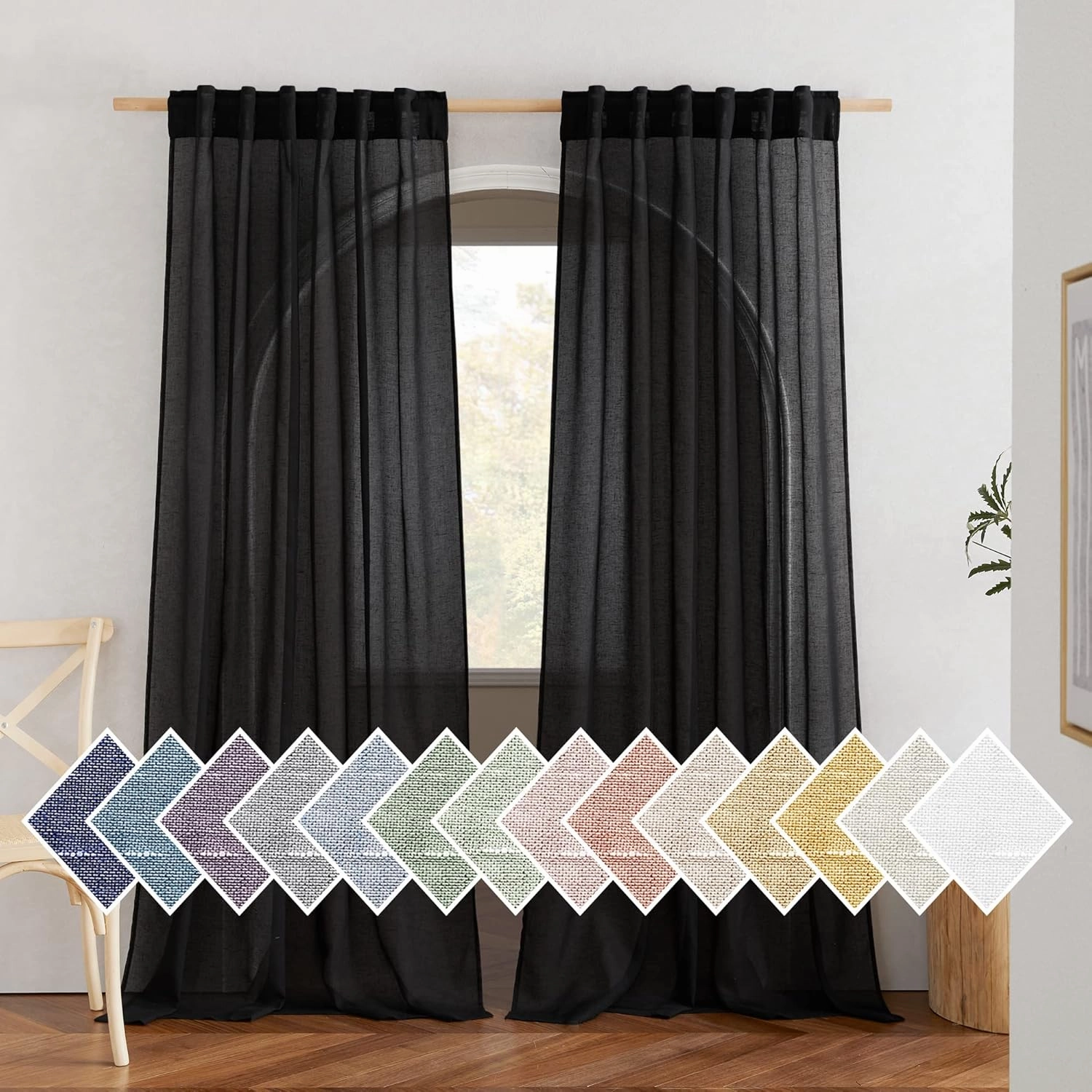 NICETOWN Black Curtains Semi Sheer Linen Texture, Rod Pocket & Back Tab Sheer Linen Blend Window Drapes Aesthetic Privacy with Light Through for Boys Bedroom/Living Room, W52 x L84, 2 Pieces
