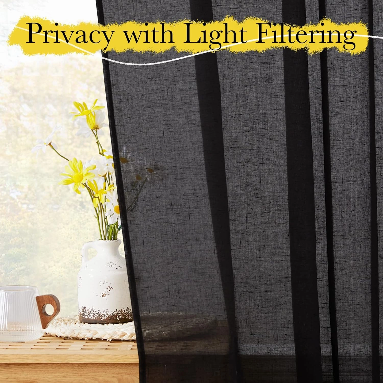 NICETOWN Black Curtains Semi Sheer Linen Texture, Rod Pocket & Back Tab Sheer Linen Blend Window Drapes Aesthetic Privacy with Light Through for Boys Bedroom/Living Room, W52 x L84, 2 Pieces