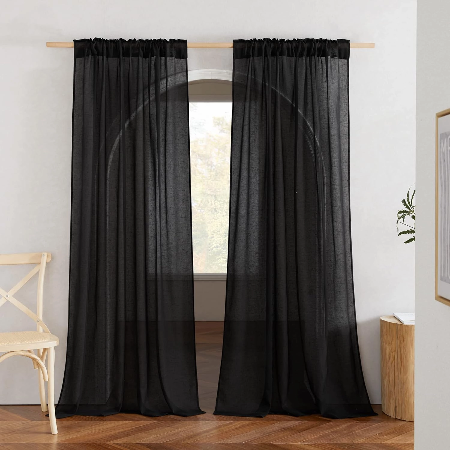 NICETOWN Black Curtains Semi Sheer Linen Texture, Rod Pocket & Back Tab Sheer Linen Blend Window Drapes Aesthetic Privacy with Light Through for Boys Bedroom/Living Room, W52 x L84, 2 Pieces