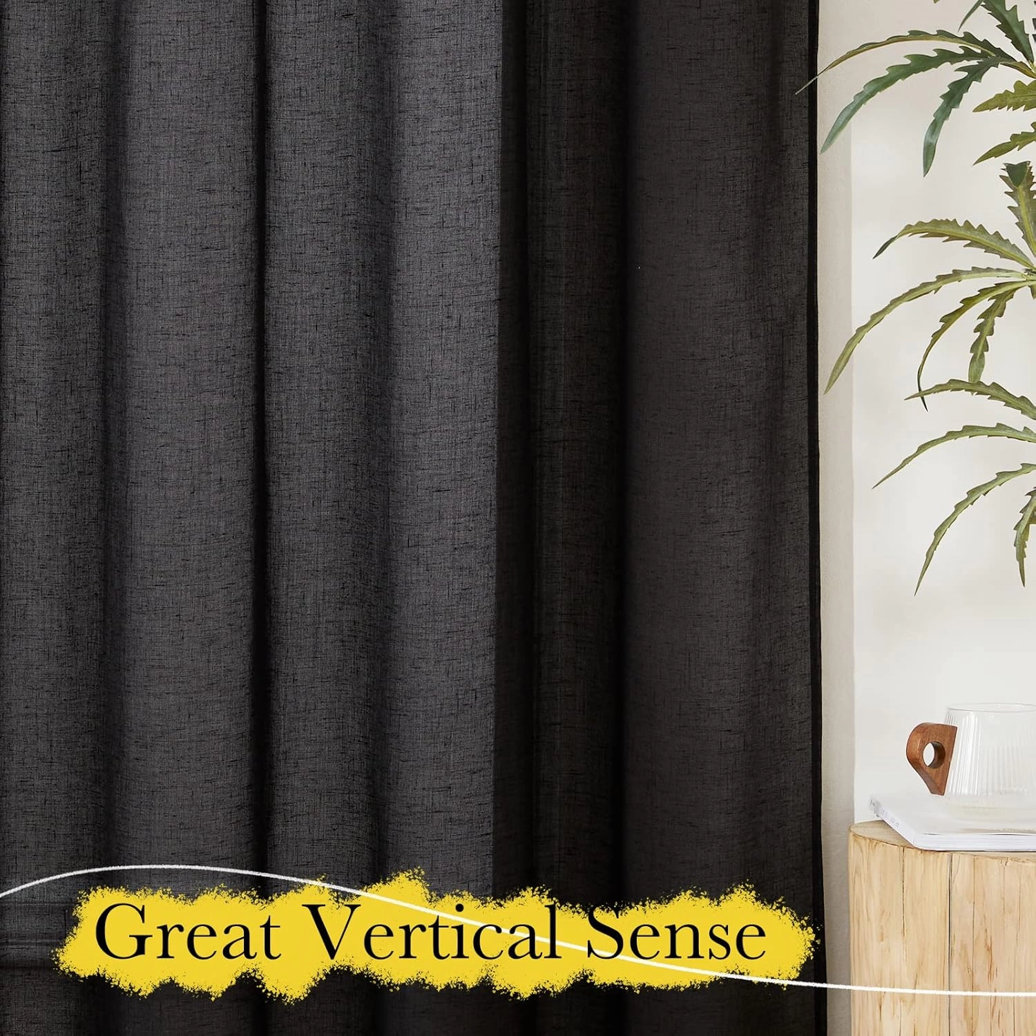 NICETOWN Black Curtains Semi Sheer Linen Texture, Rod Pocket & Back Tab Sheer Linen Blend Window Drapes Aesthetic Privacy with Light Through for Boys Bedroom/Living Room, W52 x L84, 2 Pieces