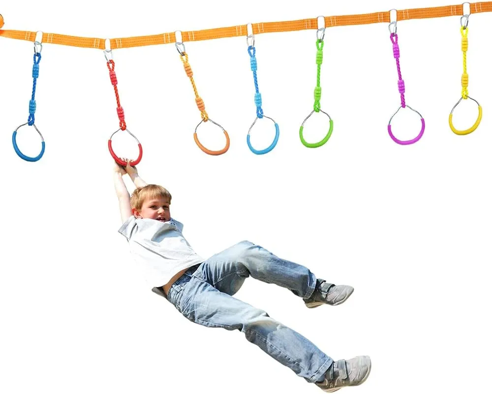 Ninja Warrior Obstacle Course Playset Ninja Ring Trapeze Swing Monkey Bar For Outdoor Indoor Jungle Gym, 2 Blue Monekey Rings Climb Fists Backyard Playground Training Equipment Gymnastic Fitness Fist