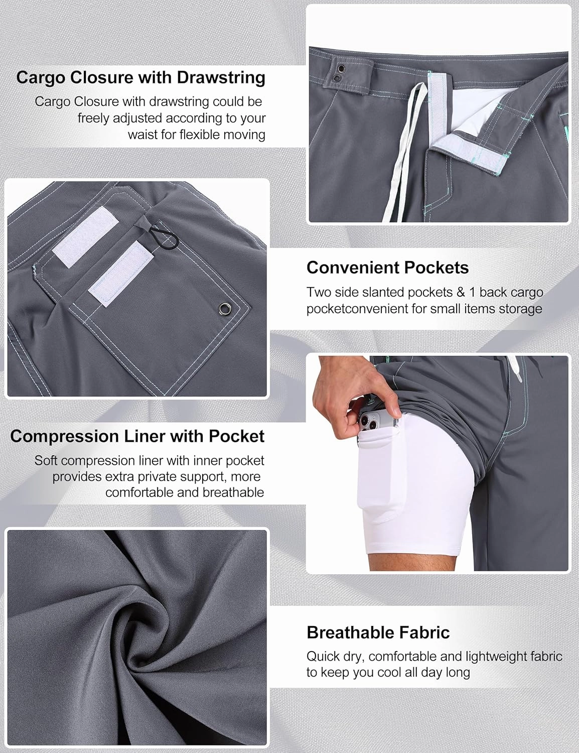 Nonwe Men's Swim Trunks with Compression Liner 2 in 1 Fast Dry Bathing Suits Cargo Surf Board Shorts with Pockets