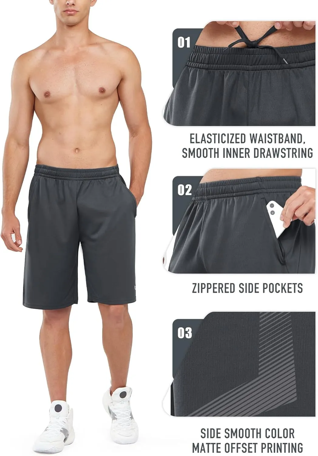 NORTHYARD Men's 10" Athletic Basketball Shorts with Zipper Pockets Quick Dry Lightweight Running Workout Gym Tennis Shorts