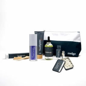Nudge Oral Care Kit: Natural Mint n-Ha Toothpaste 4 oz, Alcohol-Free Mouthwash 4 oz, Silk Floss 30m, 2 Bamboo Toothbrushes, 62 Toothpaste Tablets, Purple Whitening Serum, Reusable Toiletry Bag