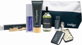 Nudge Oral Care Kit: Watermelon n-Ha Toothpaste 4 oz, Alcohol-Free Mouthwash 4 oz, Silk Floss 30m, 2 Bamboo Toothbrushes, 62 Toothpaste Tablets, Purple Whitening Serum, Reusable Toiletry Bag