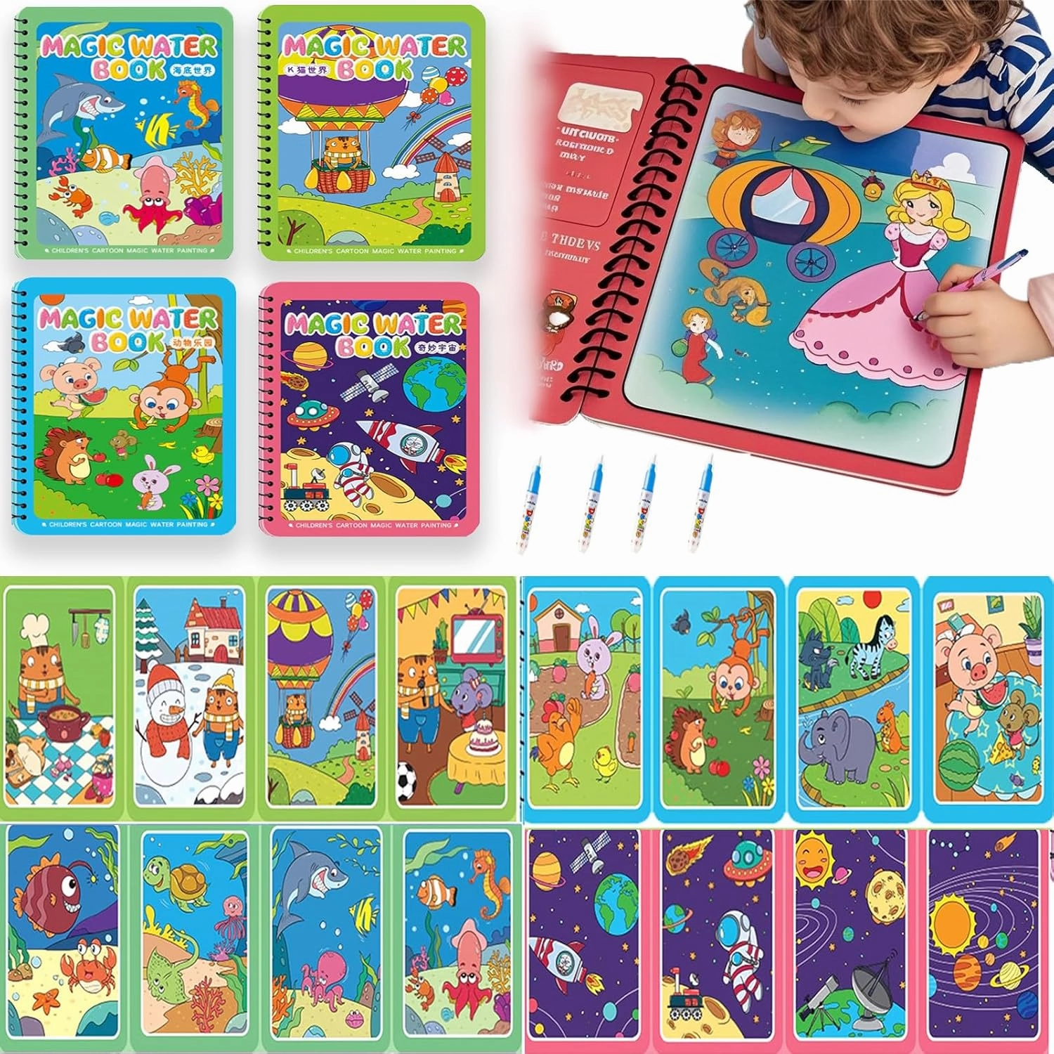 NYXTOB 4pcs Magic Water Book, Paint with Water Books for Kids, Reusable Painting Book (Submarine World，K-Cat World，Zoo，Ingenious Universe)