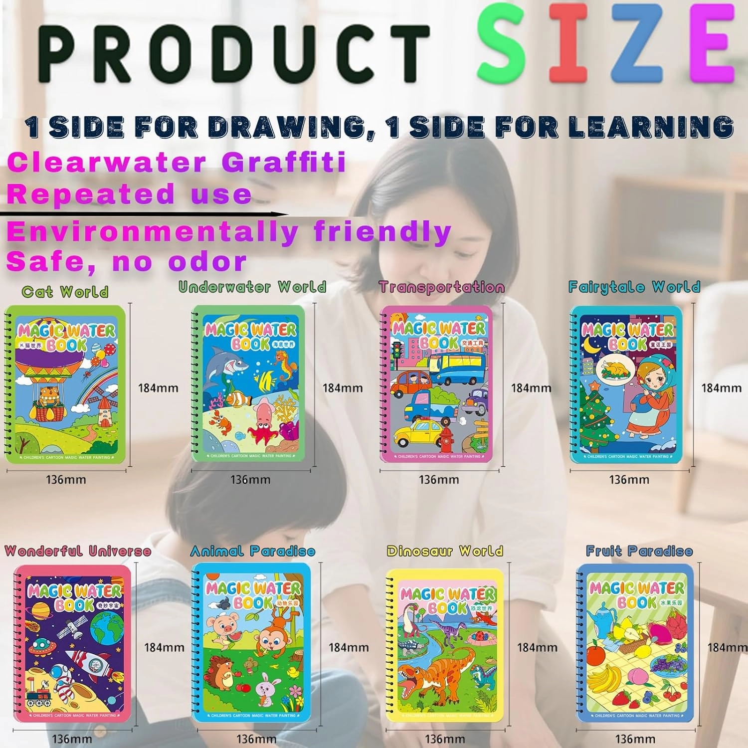 NYXTOB 4pcs Magic Water Book, Paint with Water Books for Kids, Reusable Painting Book (Submarine World，K-Cat World，Zoo，Ingenious Universe)