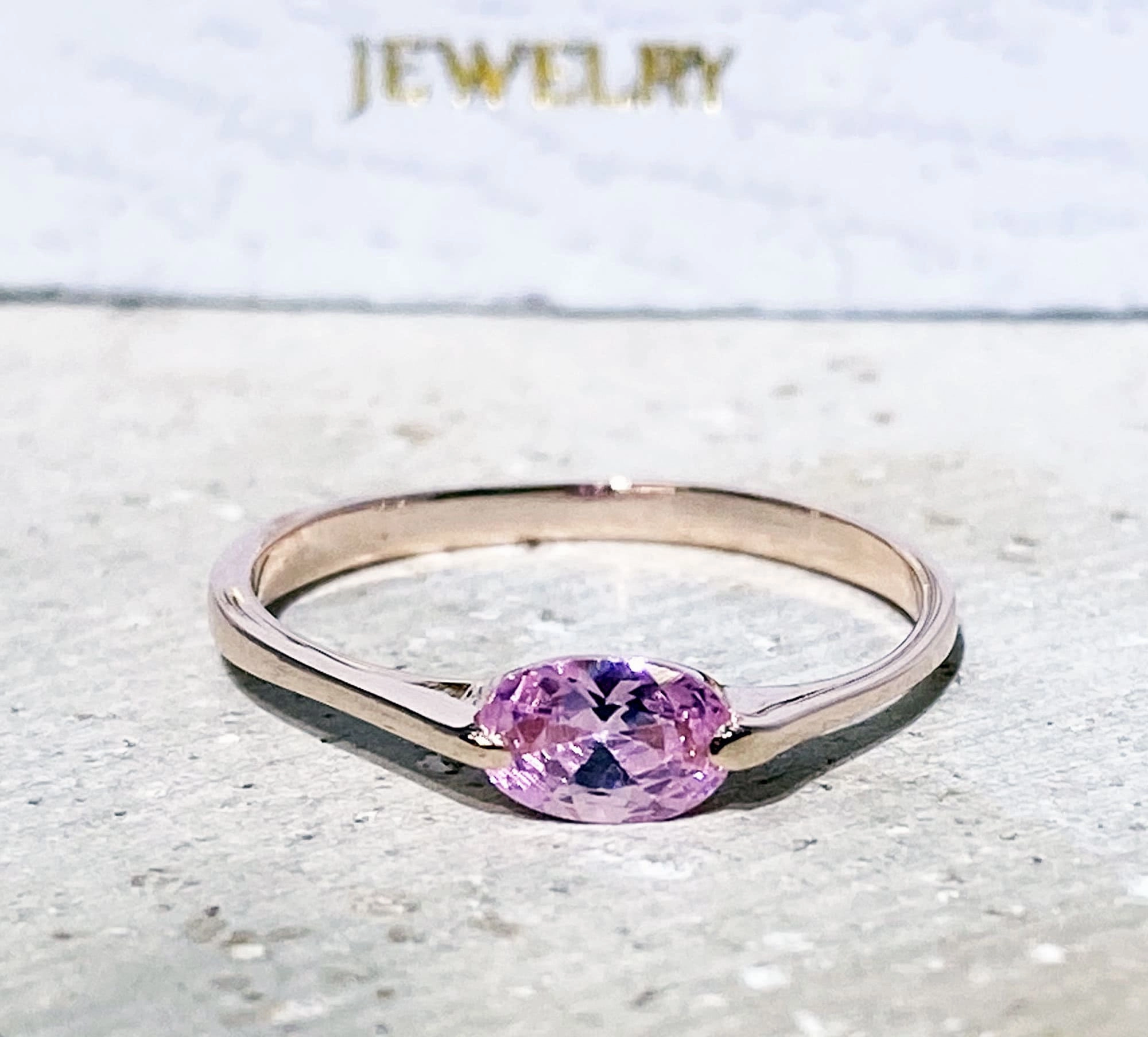 October Birthstone East-West Oval Rose Quartz Simple Stackable Ring