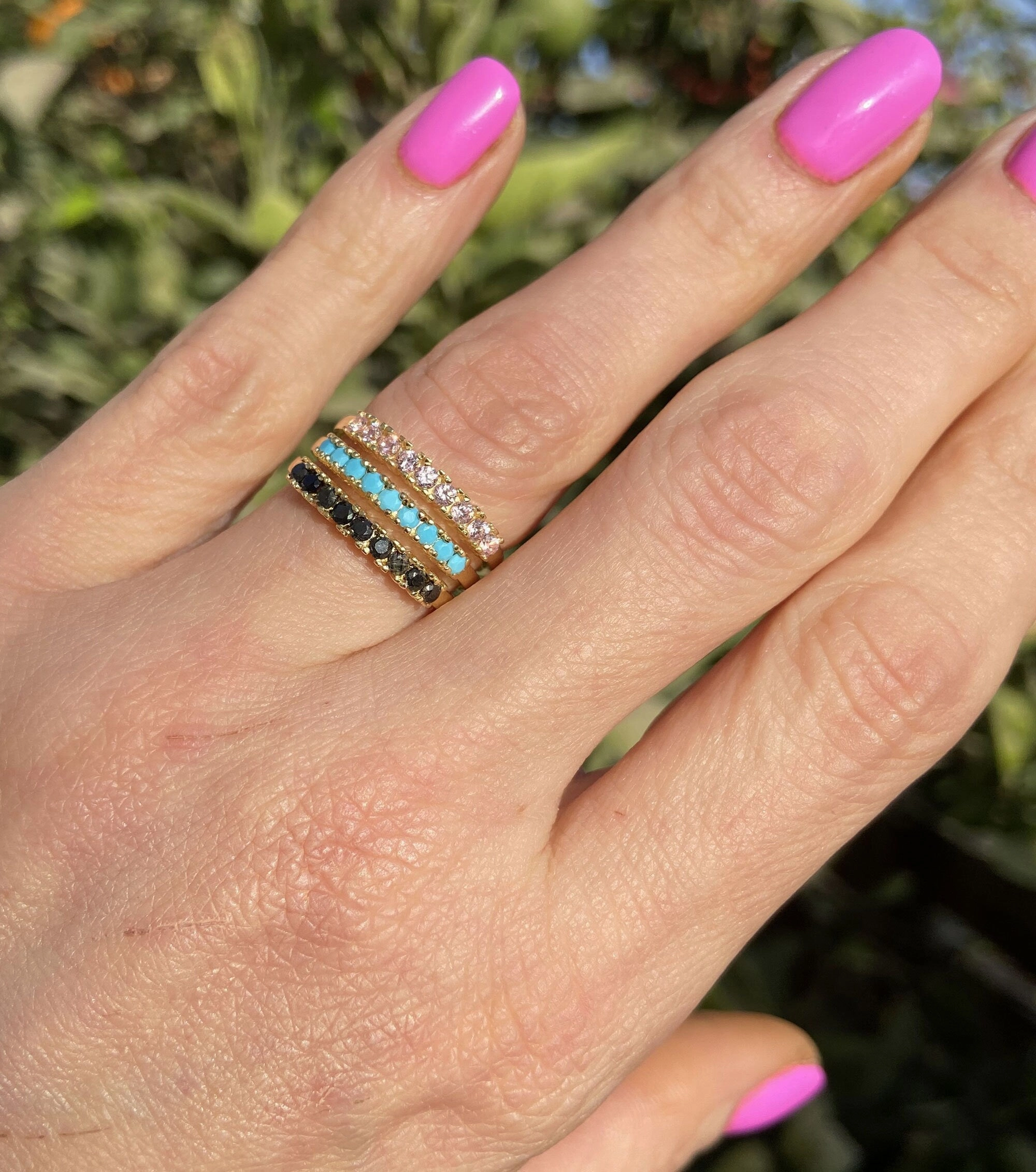 October Birthstone Round Rose Quartz Nine-Stone Half Eternity Ring