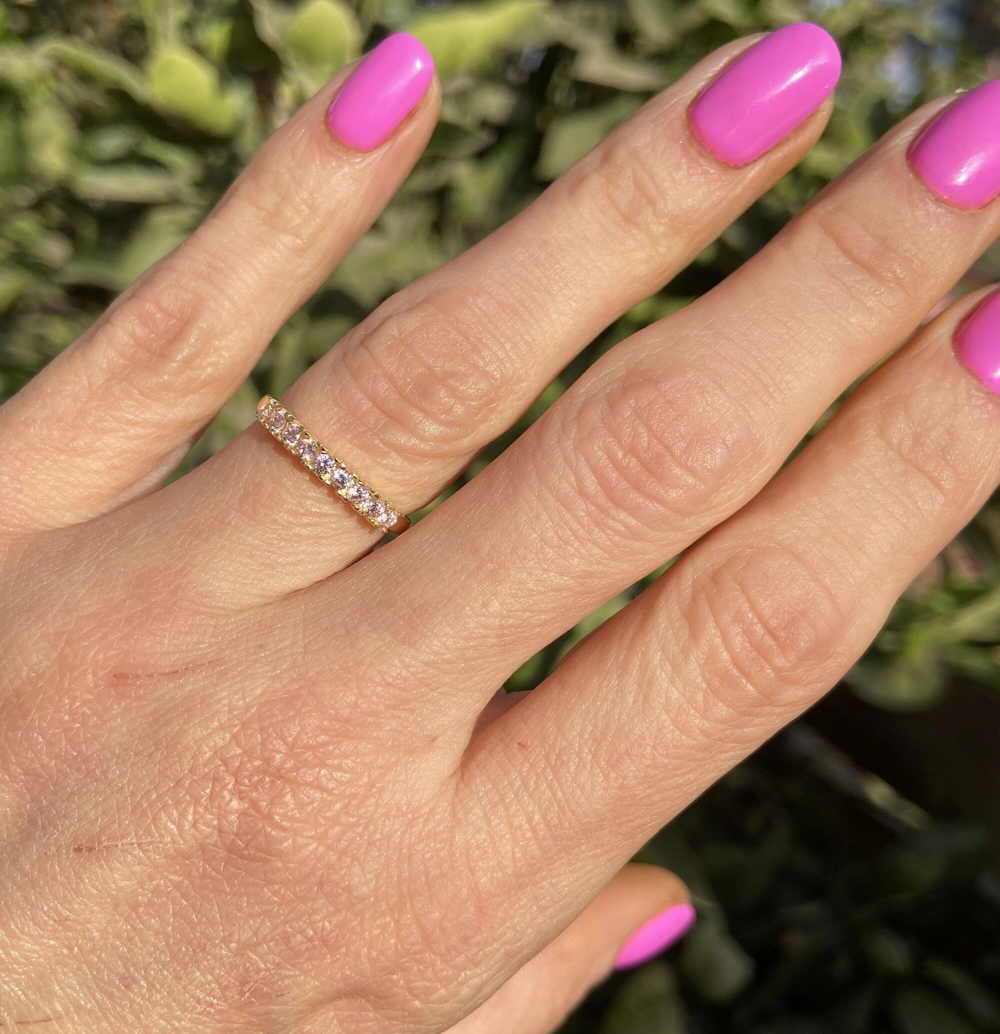 October Birthstone Round Rose Quartz Nine-Stone Half Eternity Ring