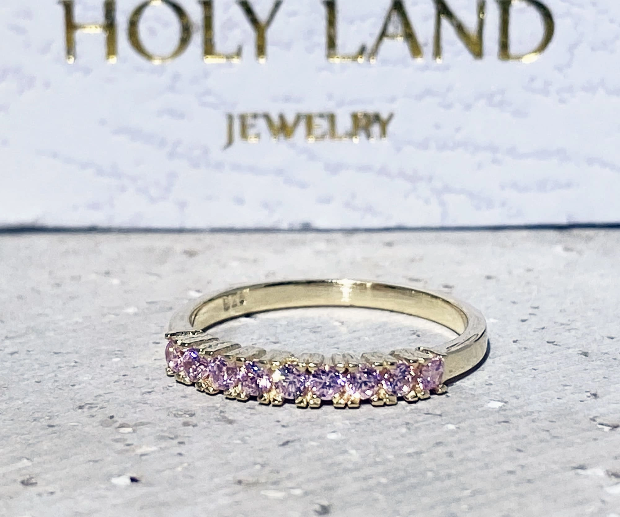 October Birthstone Round Rose Quartz Nine-Stone Half Eternity Ring