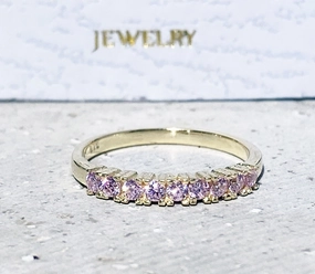 October Birthstone Round Rose Quartz Nine-Stone Half Eternity Ring
