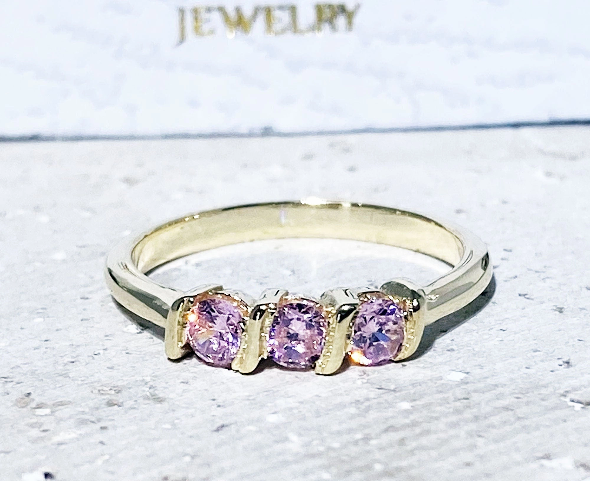 October Birthstone Round Rose Quartz Three-Stone Simple Stacking Ring