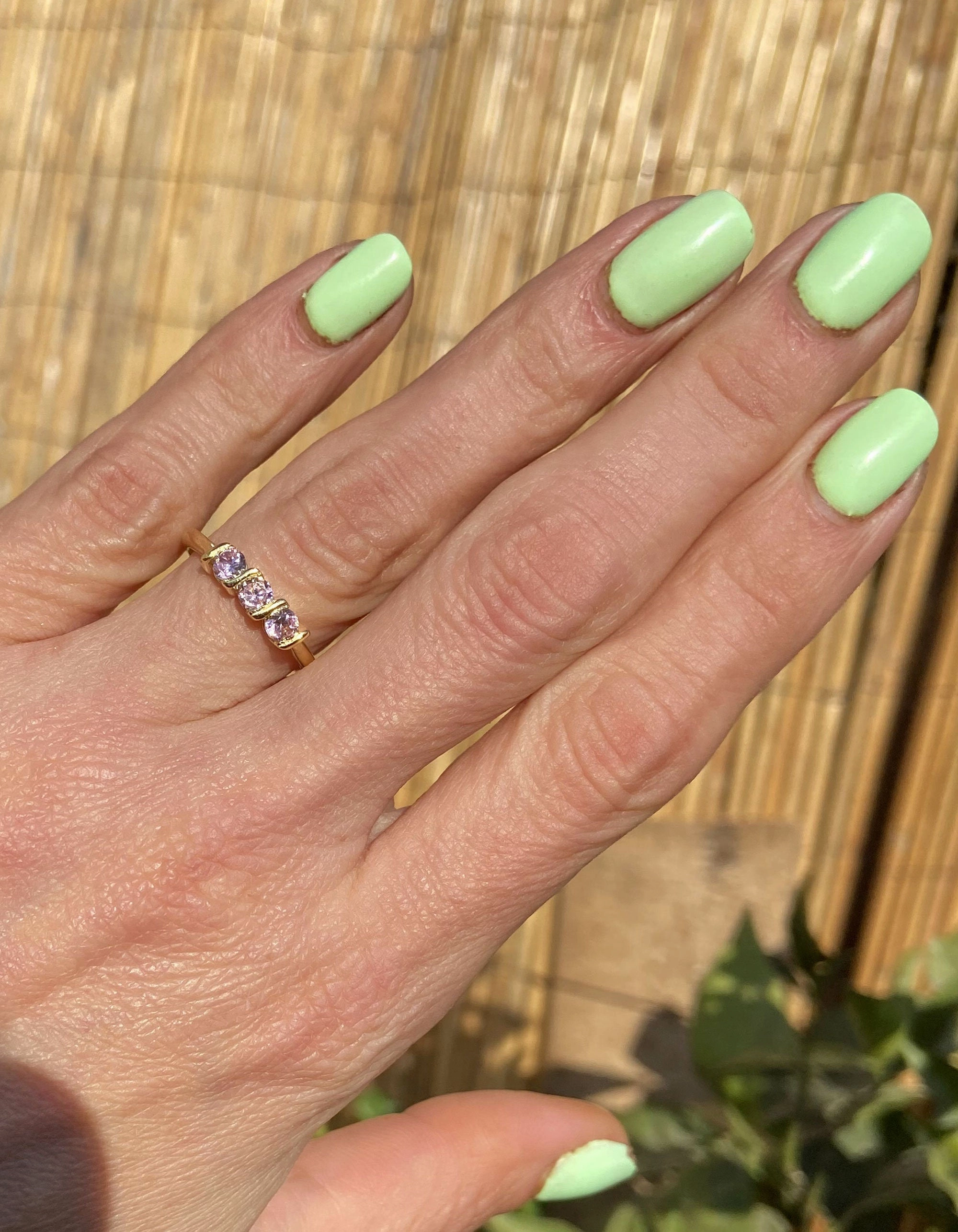 October Birthstone Round Rose Quartz Three-Stone Simple Stacking Ring