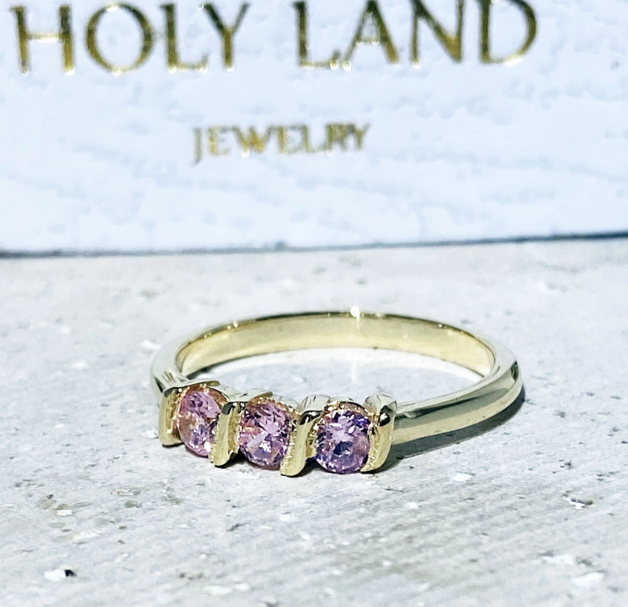 October Birthstone Round Rose Quartz Three-Stone Simple Stacking Ring