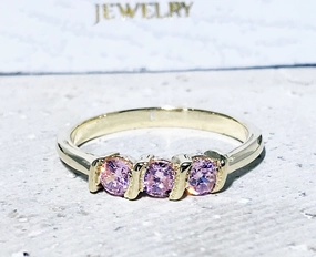 October Birthstone Round Rose Quartz Three-Stone Simple Stacking Ring