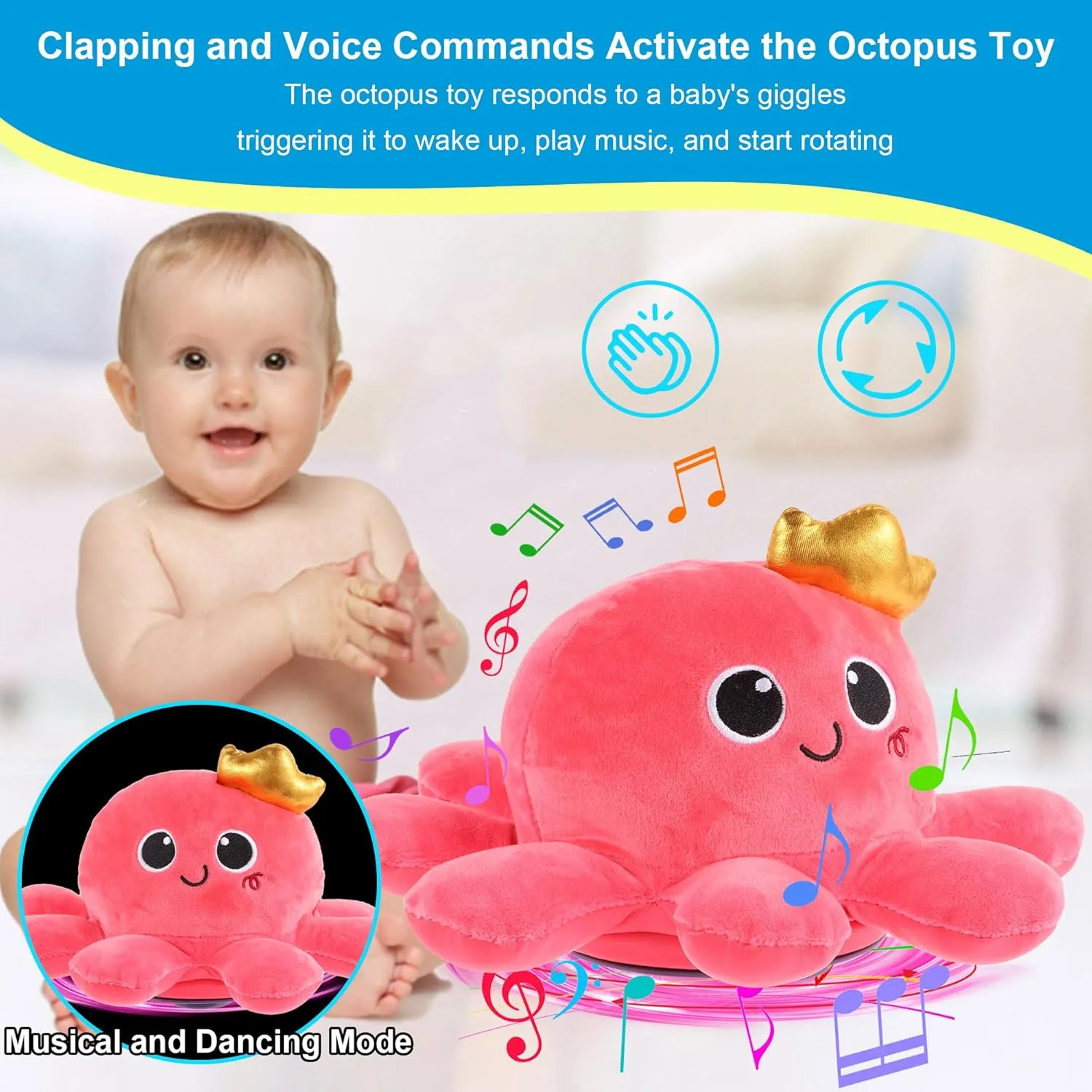 Octopus Crawling Toy - Octopus Toy with Light, Music, Voice Control, and Clap Hands Awake for 2  Year Old Boys and Girls