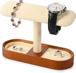 Oirlv Solid Wood Watch Stand T-bar Watch Holder Organizer for Men and Women Showcase Jewelry Display Stand Rings Earrings Necklace Storage(Creamy-whit)