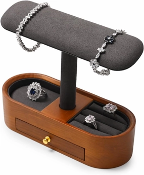 Oirlv Solid Wood Watch Stand with Drawer T-bar Watch Holder Organizer for Men and Women Showcase Bracelet Bangle Jewelry Display Stand Rings Earrings Necklace Storage(Drawer,Grey)