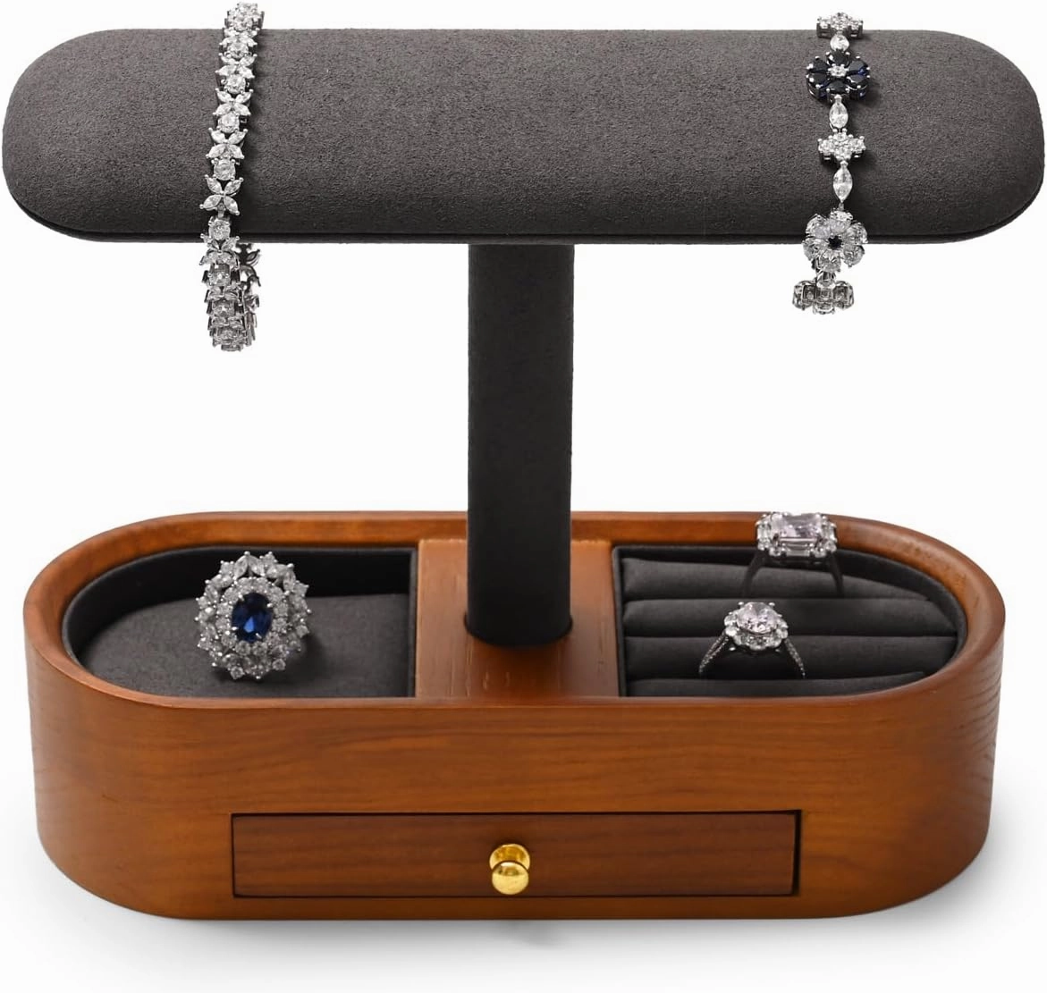 Oirlv Solid Wood Watch Stand with Drawer T-bar Watch Holder Organizer for Men and Women Showcase Bracelet Bangle Jewelry Display Stand Rings Earrings Necklace Storage(Drawer,Grey)