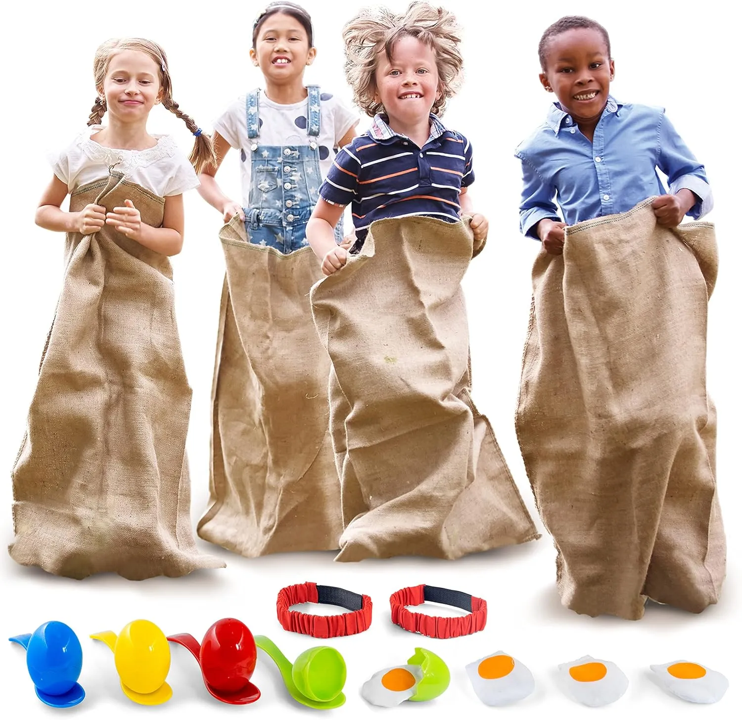 Outdoor Field Day Games, Potato Sack Race Bags for Kids and Adults, Egg and Spoon Race, 3 Legged Race Bands - with Storage Bag