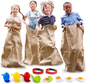 Outdoor Field Day Games, Potato Sack Race Bags for Kids and Adults, Egg and Spoon Race, 3 Legged Race Bands - with Storage Bag