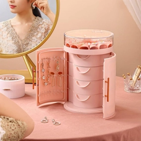 PAREKS Jewelry Box Organizer 5-layer Pink Round Gift with 4 Drawers and 2 Side Doors for Earrings, Bracelets, Rings, Watches, Necklaces, Transparent Top Plastic Large Capacity for Women/2131
