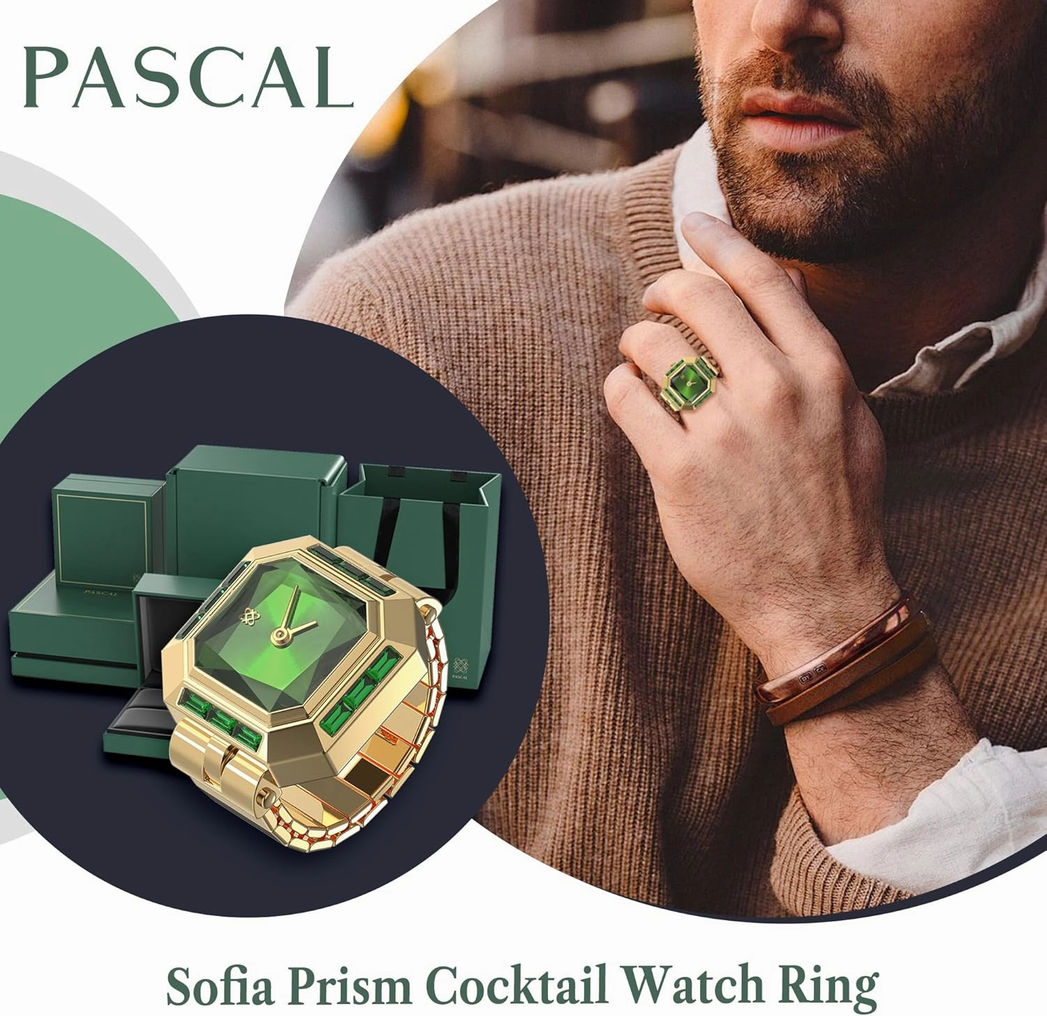 PASCAL Sofia Prism Cocktail Watch Ring, Sugar Cube Gem-Cut Dial, Sapphire Crystal, Stainless Steel Expansion Band, Unisex Finger Watch, Fits US Sizes 6-10, 3ATM Water Resistant, Statement Jewelry Timepiece