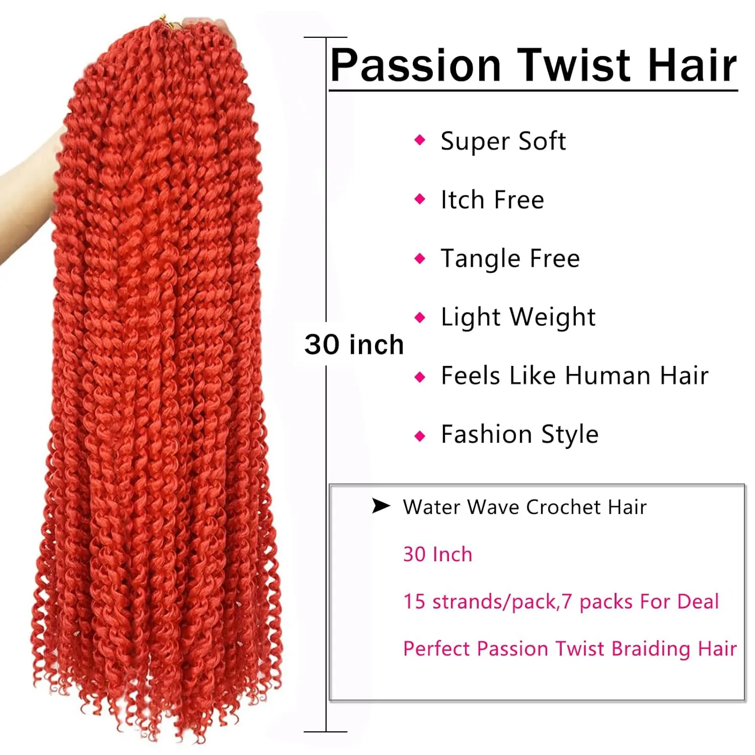 Passion Twist Hair, 30 Inch 7 Packs Bright Red Water Wave Crochet Hair,Wrap Braiding Hair For Passion Twist Crochet Hair/Butterfly Locs/Spring Twist Crochet Braids Boho Hair Extension (30in,Red#)
