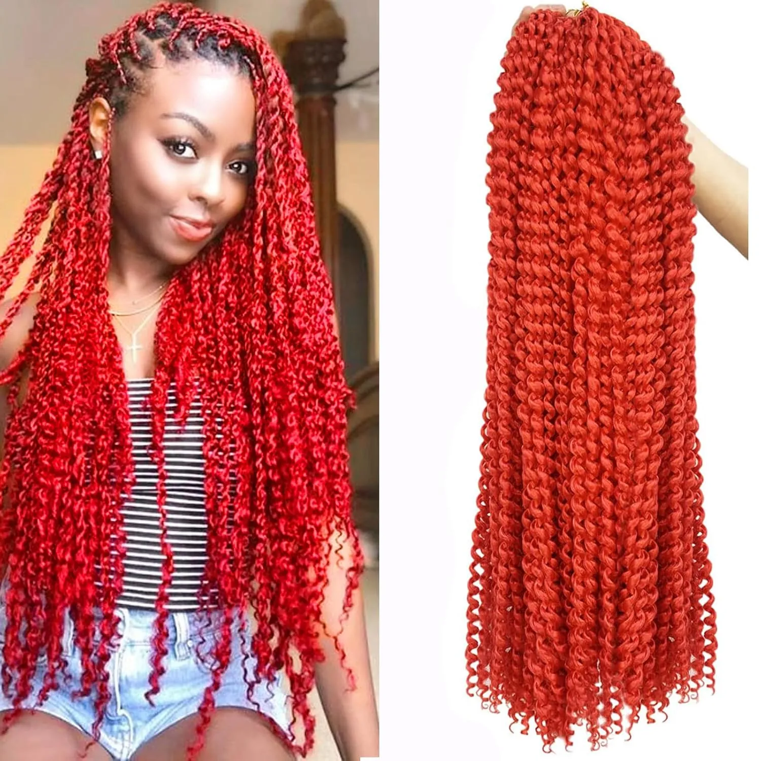 Passion Twist Hair, 30 Inch 7 Packs Bright Red Water Wave Crochet Hair,Wrap Braiding Hair For Passion Twist Crochet Hair/Butterfly Locs/Spring Twist Crochet Braids Boho Hair Extension (30in,Red#)