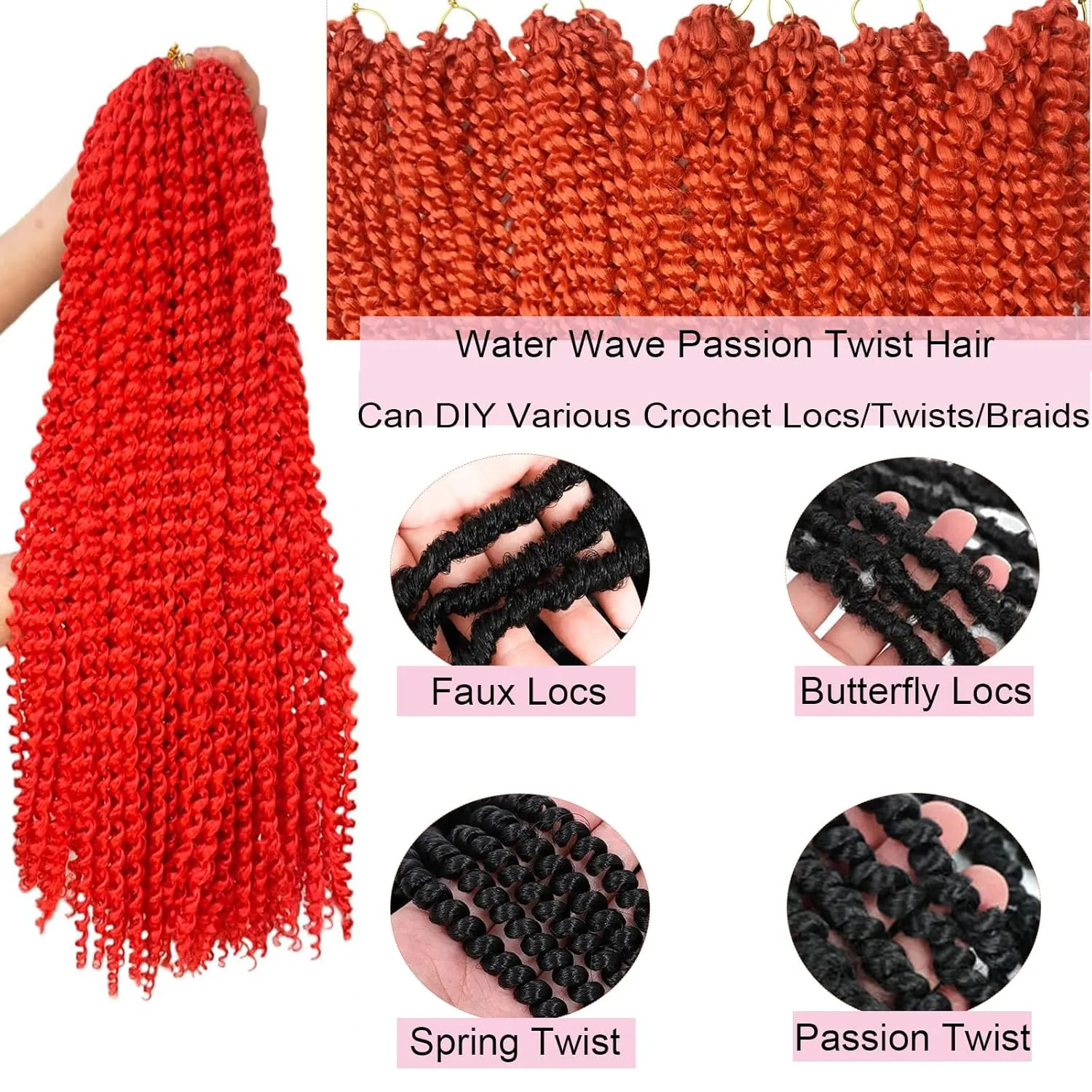 Passion Twist Hair, 30 Inch 7 Packs Bright Red Water Wave Crochet Hair,Wrap Braiding Hair For Passion Twist Crochet Hair/Butterfly Locs/Spring Twist Crochet Braids Boho Hair Extension (30in,Red#)