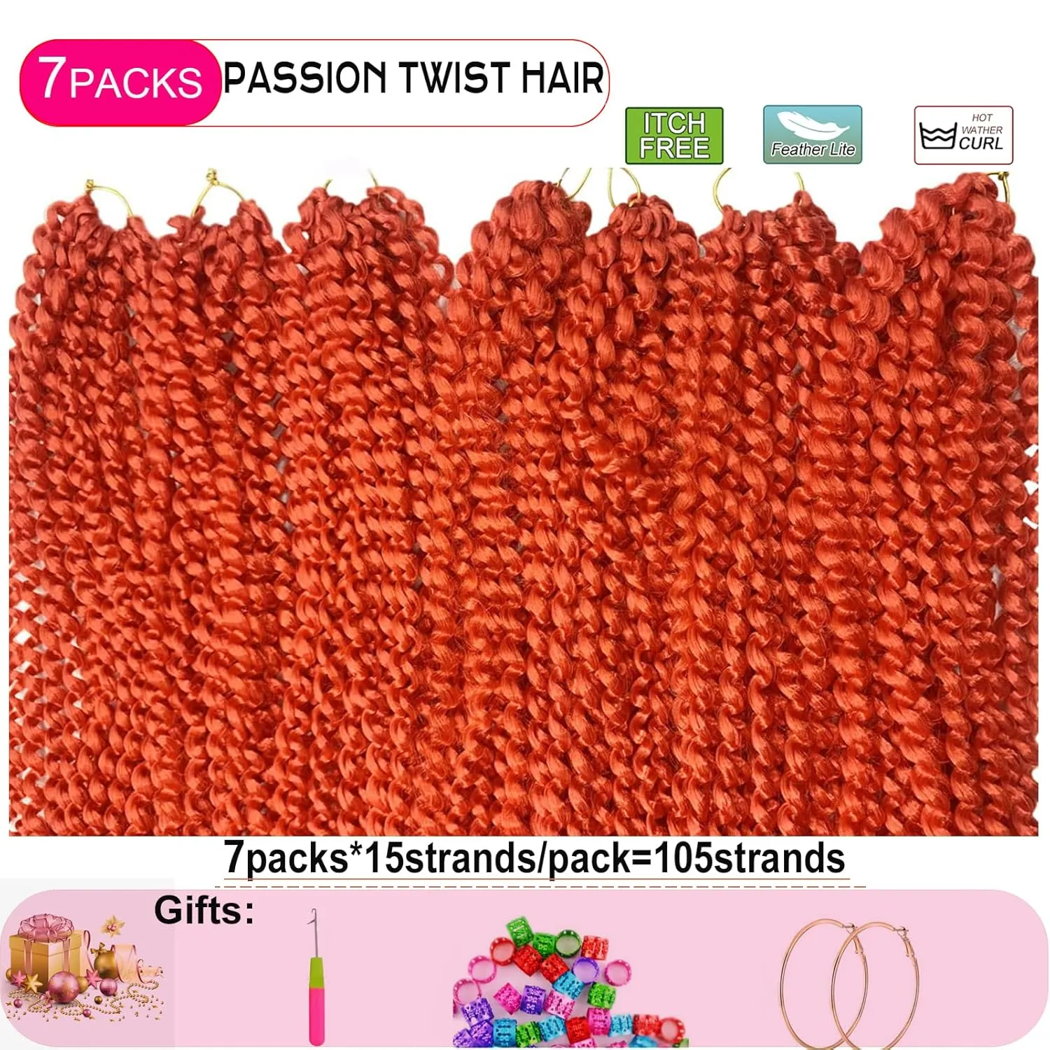 Passion Twist Hair, 30 Inch 7 Packs Bright Red Water Wave Crochet Hair,Wrap Braiding Hair For Passion Twist Crochet Hair/Butterfly Locs/Spring Twist Crochet Braids Boho Hair Extension (30in,Red#)