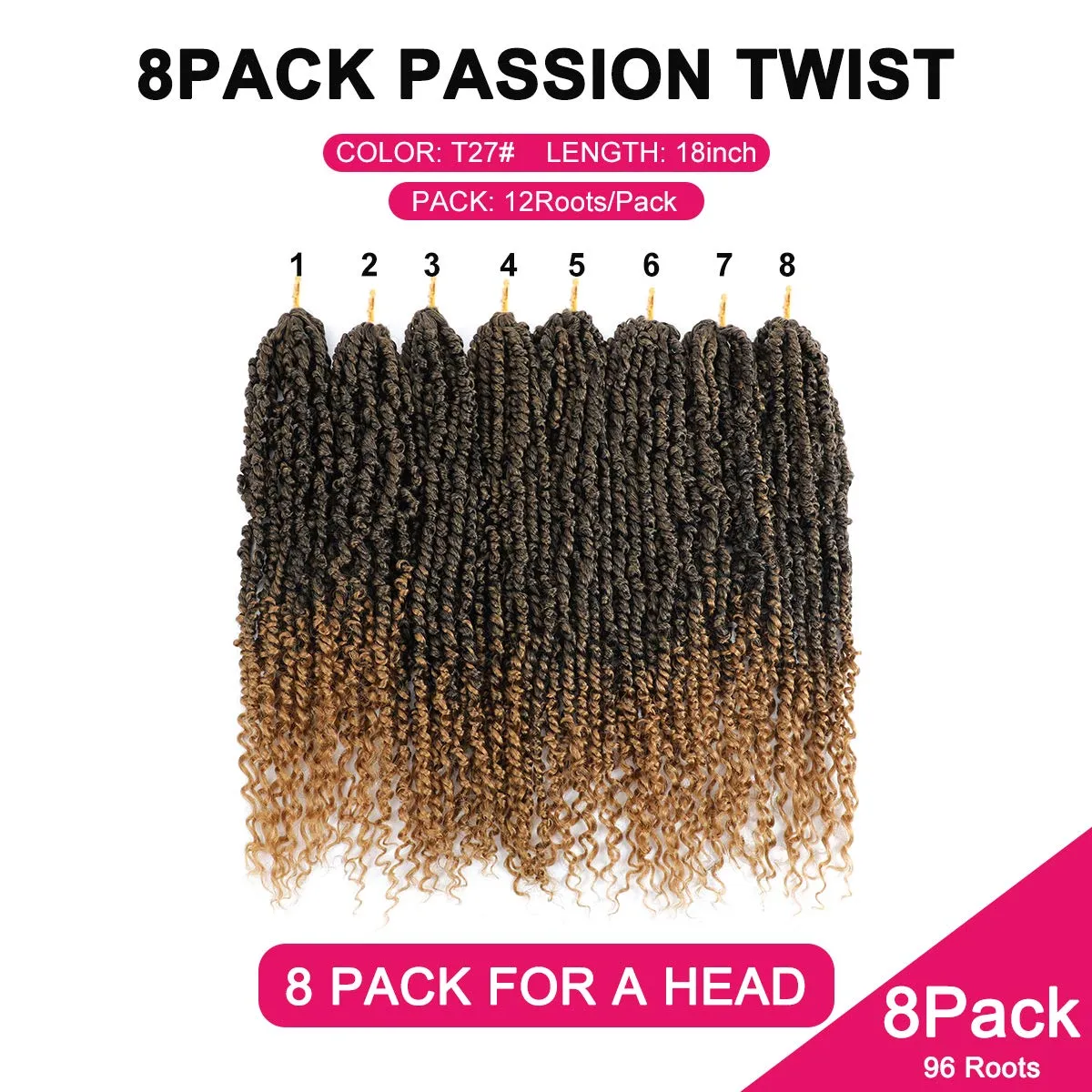 Passion Twist Hair - 8 Packs 18 Inch Passion Twist Crochet Hair For Women, Crochet Pretwisted Curly Hair Passion Twists Synthetic Braiding Hair Extensions (18 Inch 8 Packs, T27)