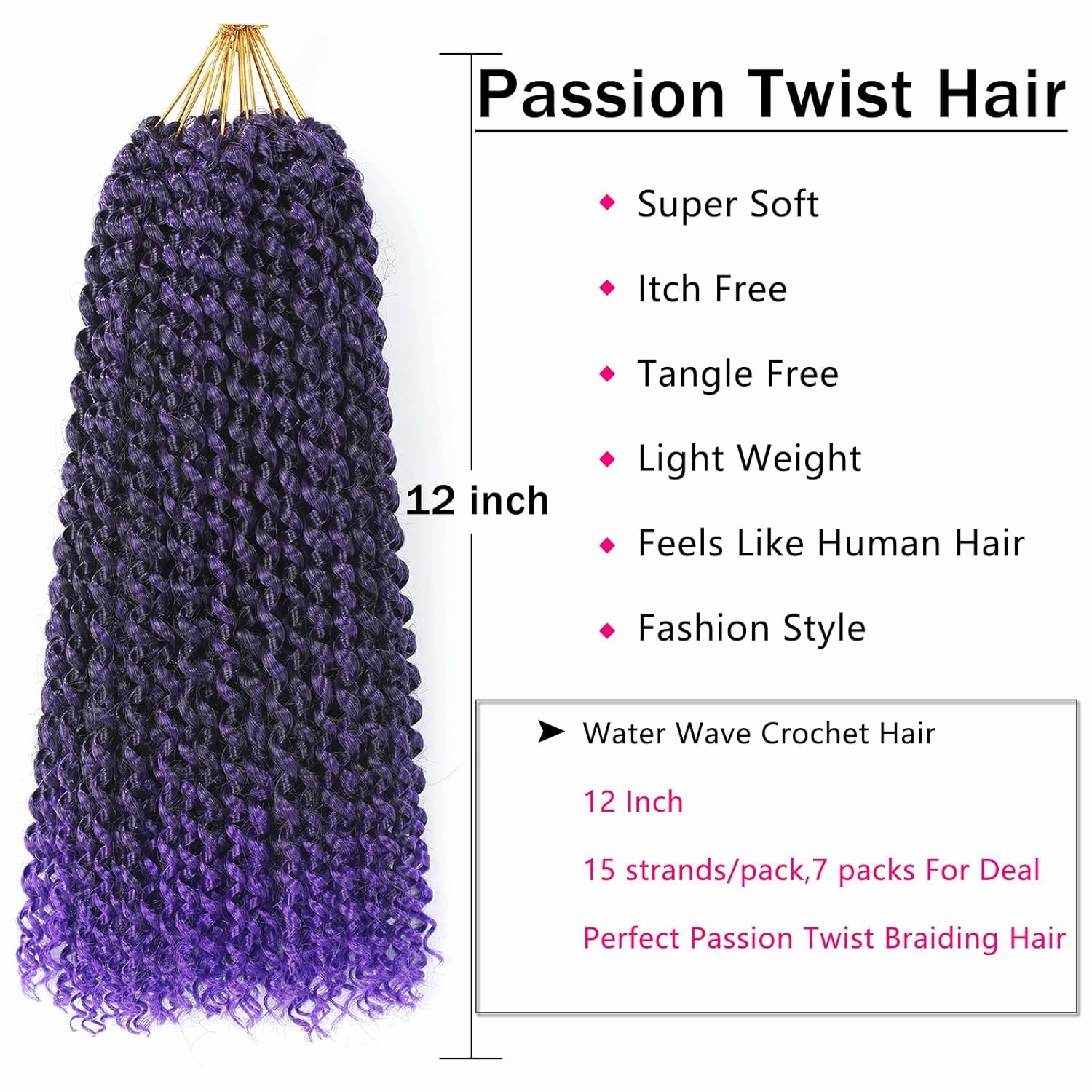 Passion Twist Hair Purple,12 Inch Passion Twist Braiding Hair,7 Packs Water Wave Crochet Hair For Black Women Passion Twist/Butterfly Locs/Spring Twist Crochet Braids Boho Hair(12in,1B/Purple#)