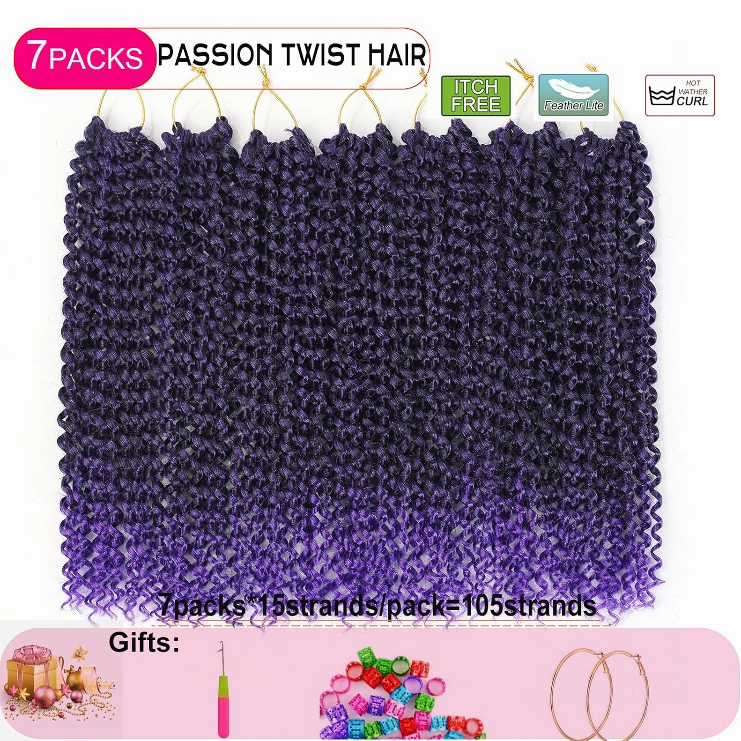 Passion Twist Hair Purple,12 Inch Passion Twist Braiding Hair,7 Packs Water Wave Crochet Hair For Black Women Passion Twist/Butterfly Locs/Spring Twist Crochet Braids Boho Hair(12in,1B/Purple#)