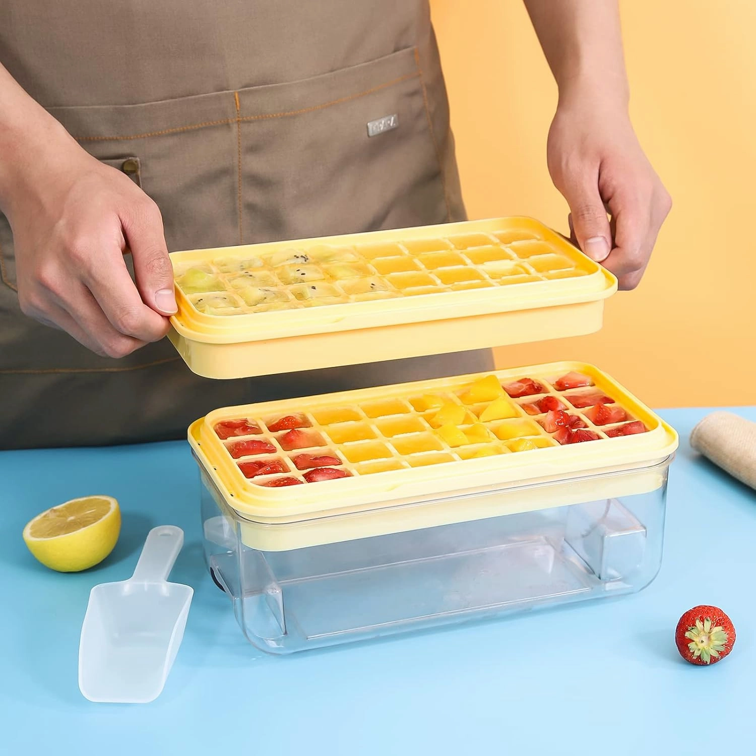 PHINOX Ice Cube Tray with Lid and Bin, Ice Trays for Freezer, Flexible Ice Cube Trays, Making 64 pcs Ice Cubes, Chilling Cocktail, Whiskey, Coffee, with 2 trays, Ice Container, Scoop&Cover, BPA Free