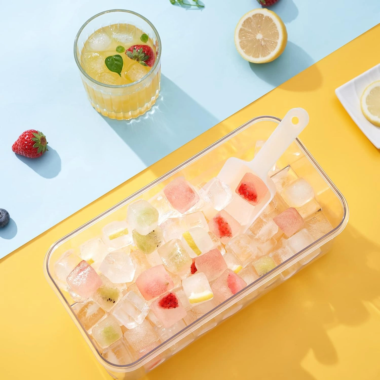 PHINOX Ice Cube Tray with Lid and Bin, Ice Trays for Freezer, Flexible Ice Cube Trays, Making 64 pcs Ice Cubes, Chilling Cocktail, Whiskey, Coffee, with 2 trays, Ice Container, Scoop&Cover, BPA Free