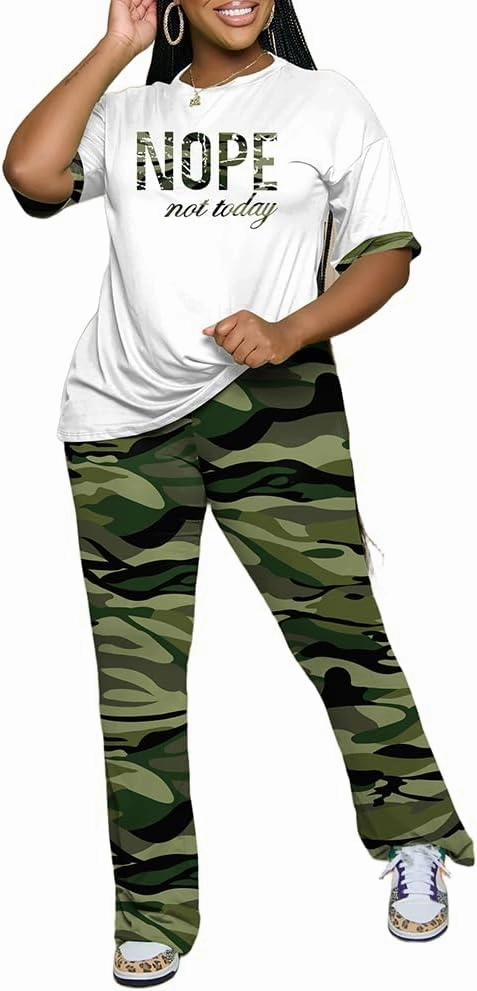PINSV Women 2 Piece Outfits Short Sleeve Top and Flare Pants Lounge Sets Tracksuit