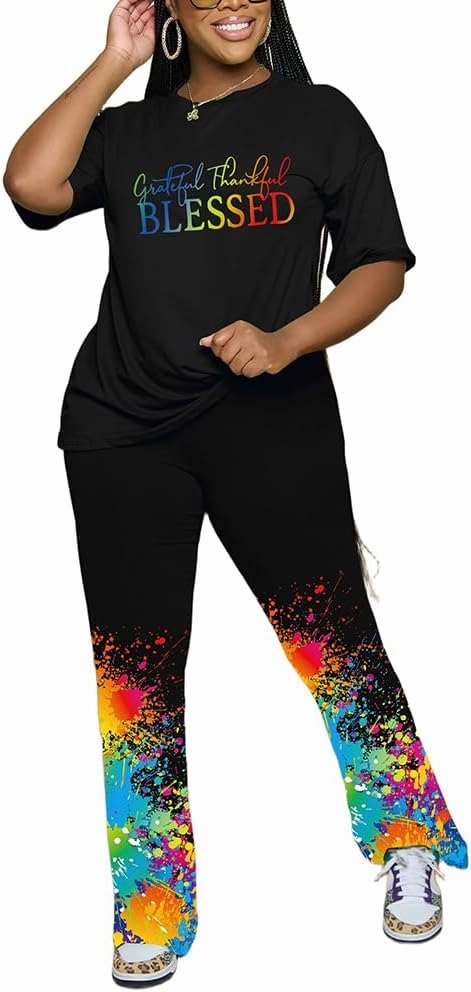 PINSV Women 2 Piece Outfits Short Sleeve Top and Flare Pants Lounge Sets Tracksuit