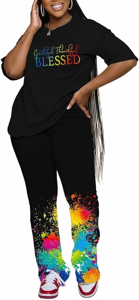 PINSV Women 2 Piece Outfits Short Sleeve Top and Flare Pants Lounge Sets Tracksuit