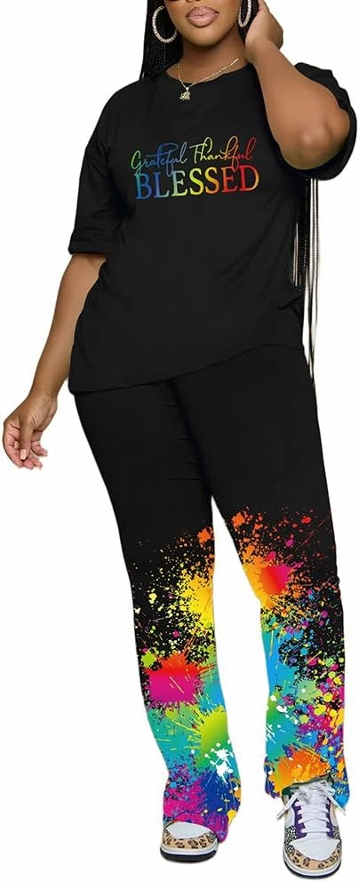 PINSV Women 2 Piece Outfits Short Sleeve Top and Flare Pants Lounge Sets Tracksuit